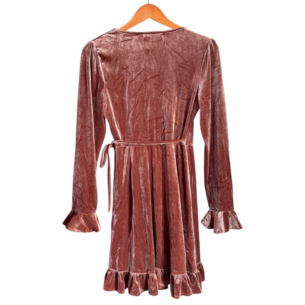 IVIVI Velvet Wrap Mini Dress Women S Dusty Rose Pink Ruffle Long Sleeve NWT - Picture 3 of 10